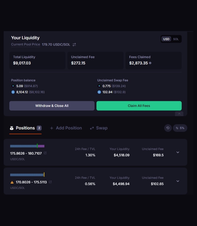 Pool USDC/SOL com 2.873 dólares em taxas resgatadas
